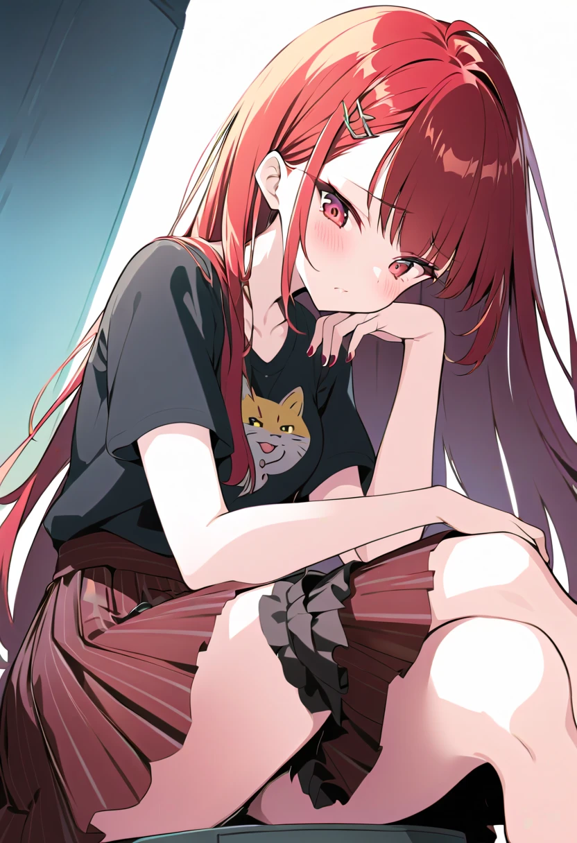 1 small child, Redhead, Long Hair, Red eye color, Wearing a torn T-shirt, Skinny body, Erect nipples, Sad expression, Are crying, Look at the details, Iris, Detailed eyes, Chained to a big stone, Full body illustration