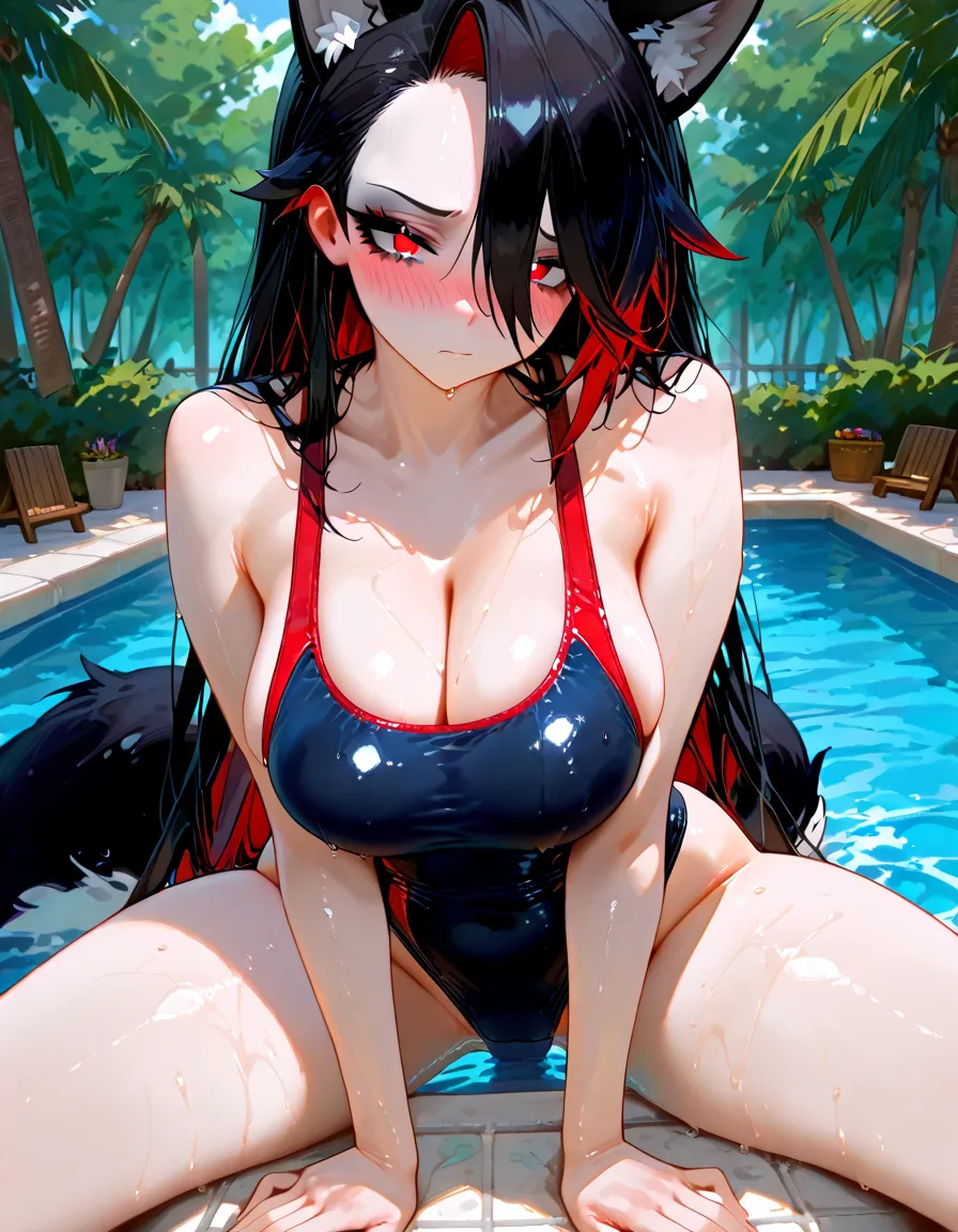 nsfw, Friedrich der Grosse(Azur Lane), camisole, See-through costume, Very large breasts, Exposed breasts, Sweat, blush, Erect nipples, Sex, whole body, Heart Eyes, , semen, combination, clitoris, Pool, night