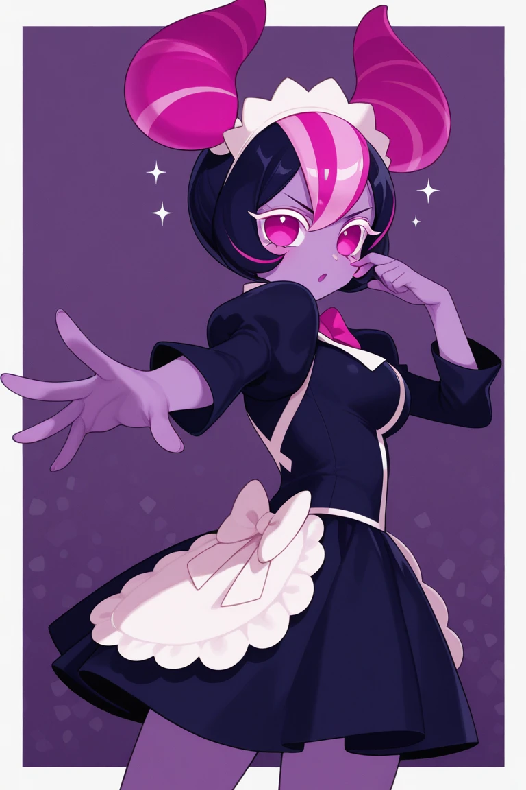 My little pony, (anthro), ((maid uniform)), ((Two-tone hair with black on top and white underneath)), pale white body, gray eyes, medium breasts, purple lips, perfect lines, heart cutie mark