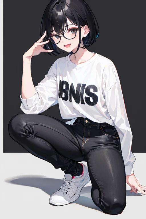 There is a woman squatting on the floor, casual gesture,  anime girl squatting，color