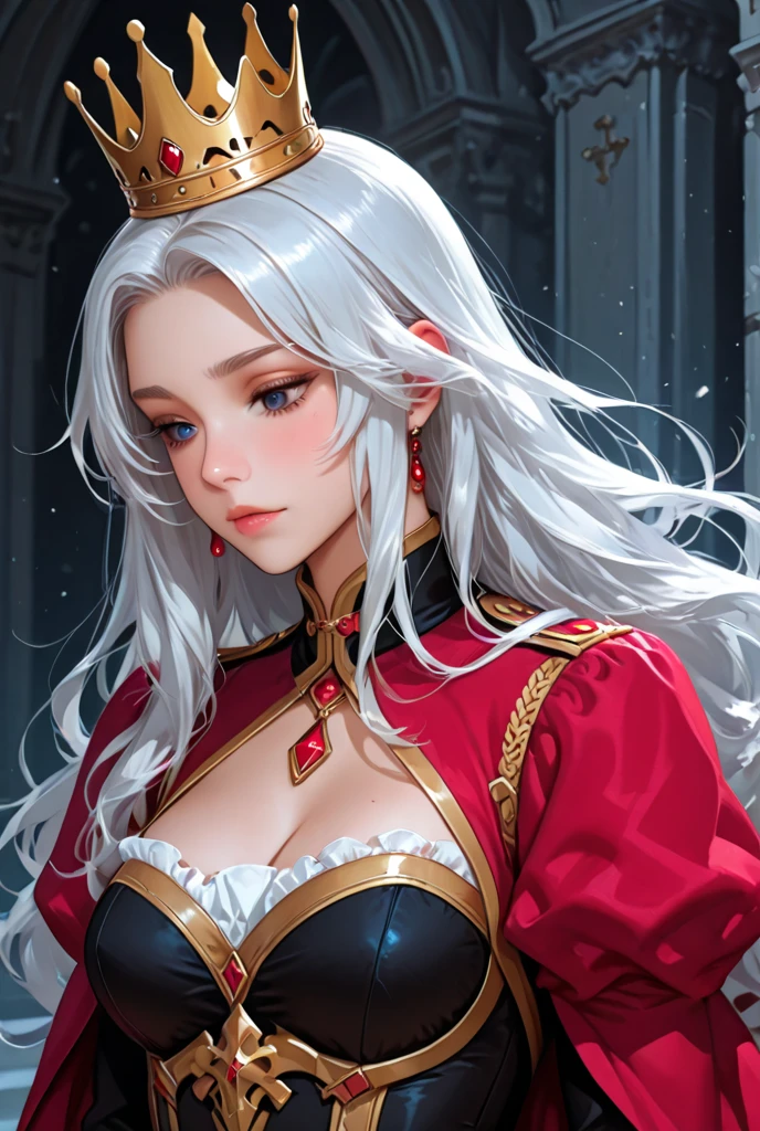 1woman, gold suit, as supreme queen, crown, smile, red eyes, white hair colour, long hair,