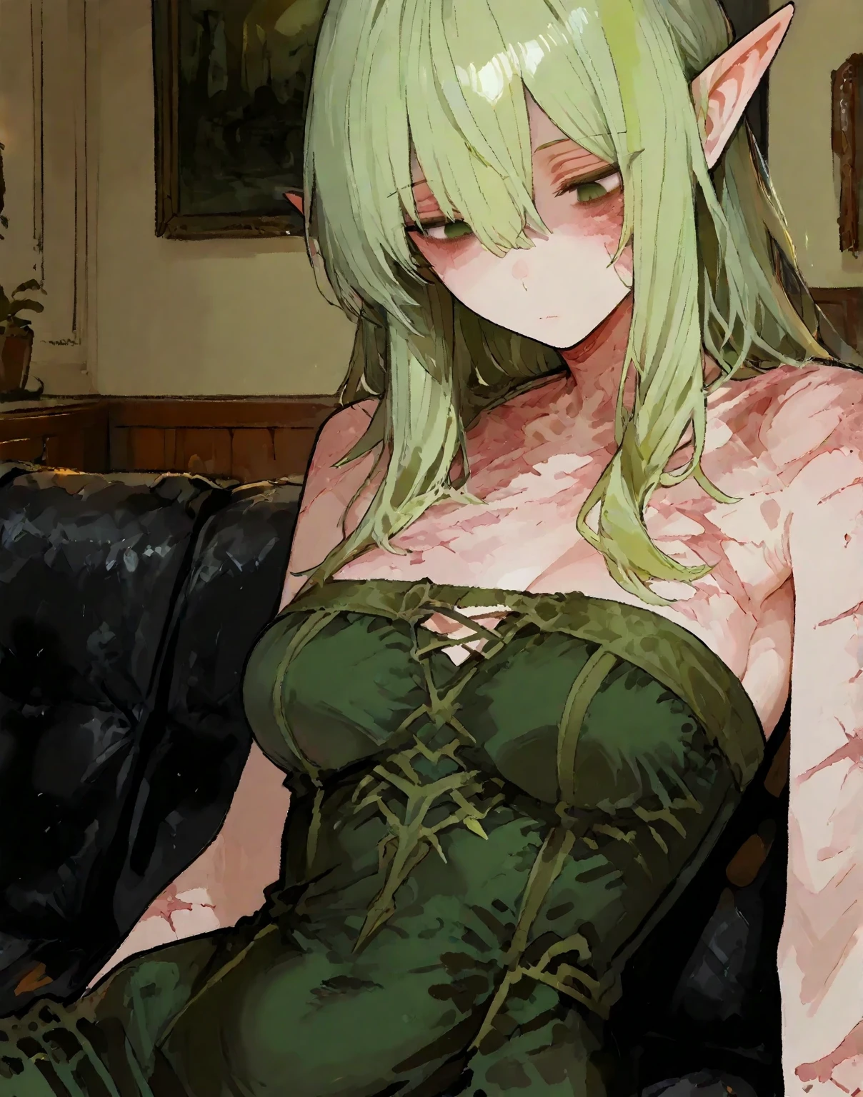 A green-skinned one, Busty female zombie lying in the sewer