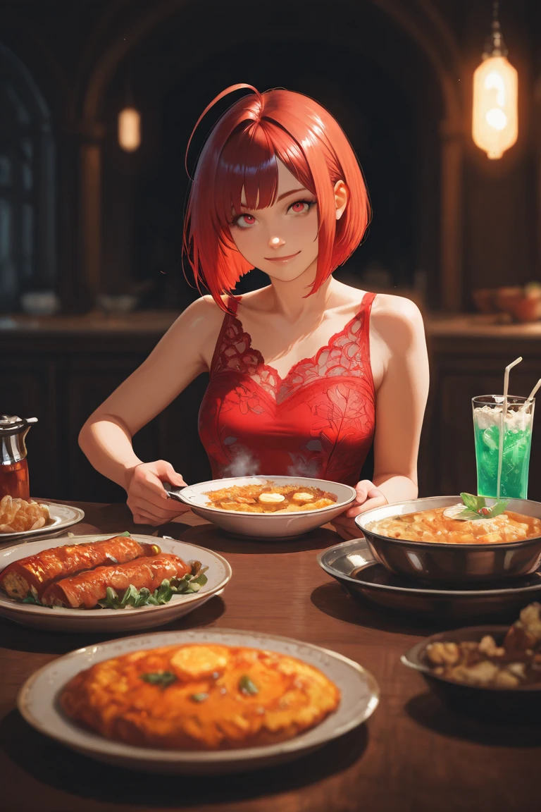 1 woman, red hair, red dress, red curly hair, sitting at the dining table, beer, a cat on the table doing a backflip