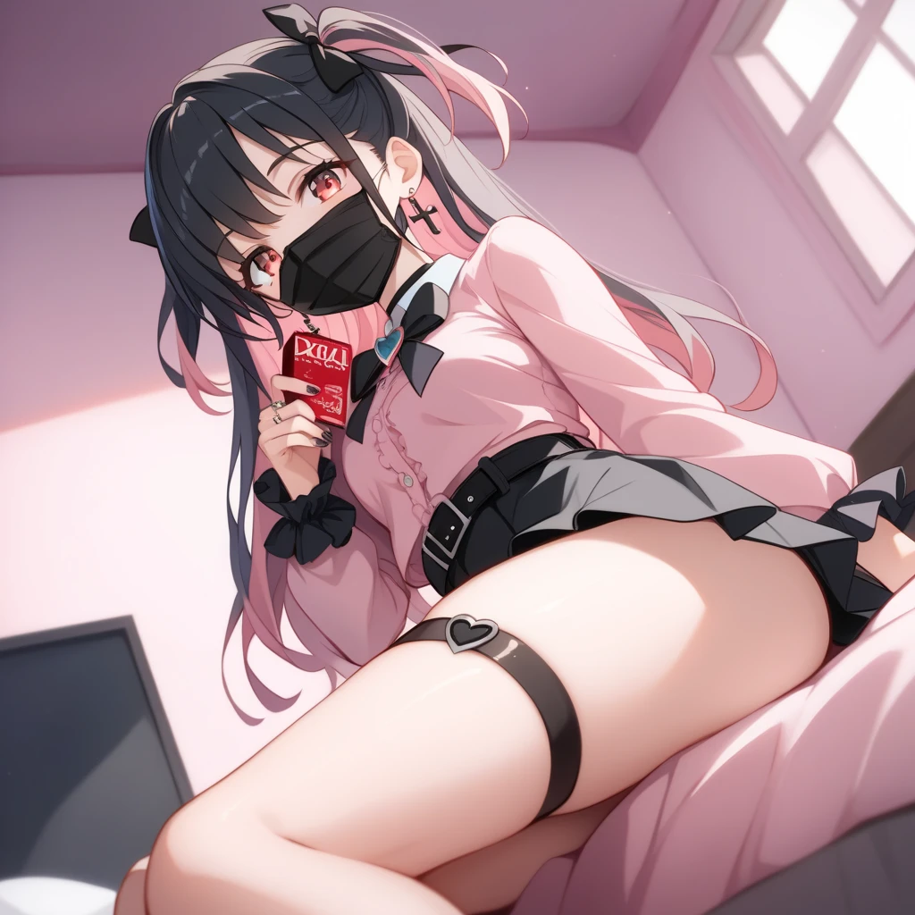 Hands Behind Back,Tied with hands behind back,lick,open mouth,tongue out,cum on tongue,front face,from front,front view,looking at viewer, looking ahead,from above,cowboy shot,1girl,Beautiful girl at ,Japanese,Slender,,low length,Small breasts,Thin legs,Small Ass,Baby Face,Small face,Black Hair,Short Twin Tails,Black blindfold,blindfold,middle School girls,A see-through black and red negligee,lingerie,Collar with leash,Kneeling,Straight Stand,Beautiful and detailed anime art,Desire expression,crave,Sexy vibe,Dimly lit room,On the bed,Simple Background,Gray background,Low lighting,

