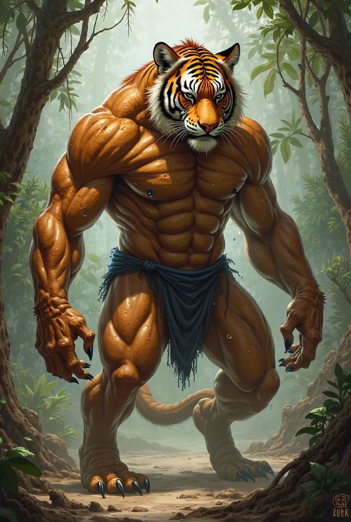 (photorealism:1.2), ((master piece)) a muscular yellow tiger posing and wearing big butt underwear in the night forest from behind, Digital art