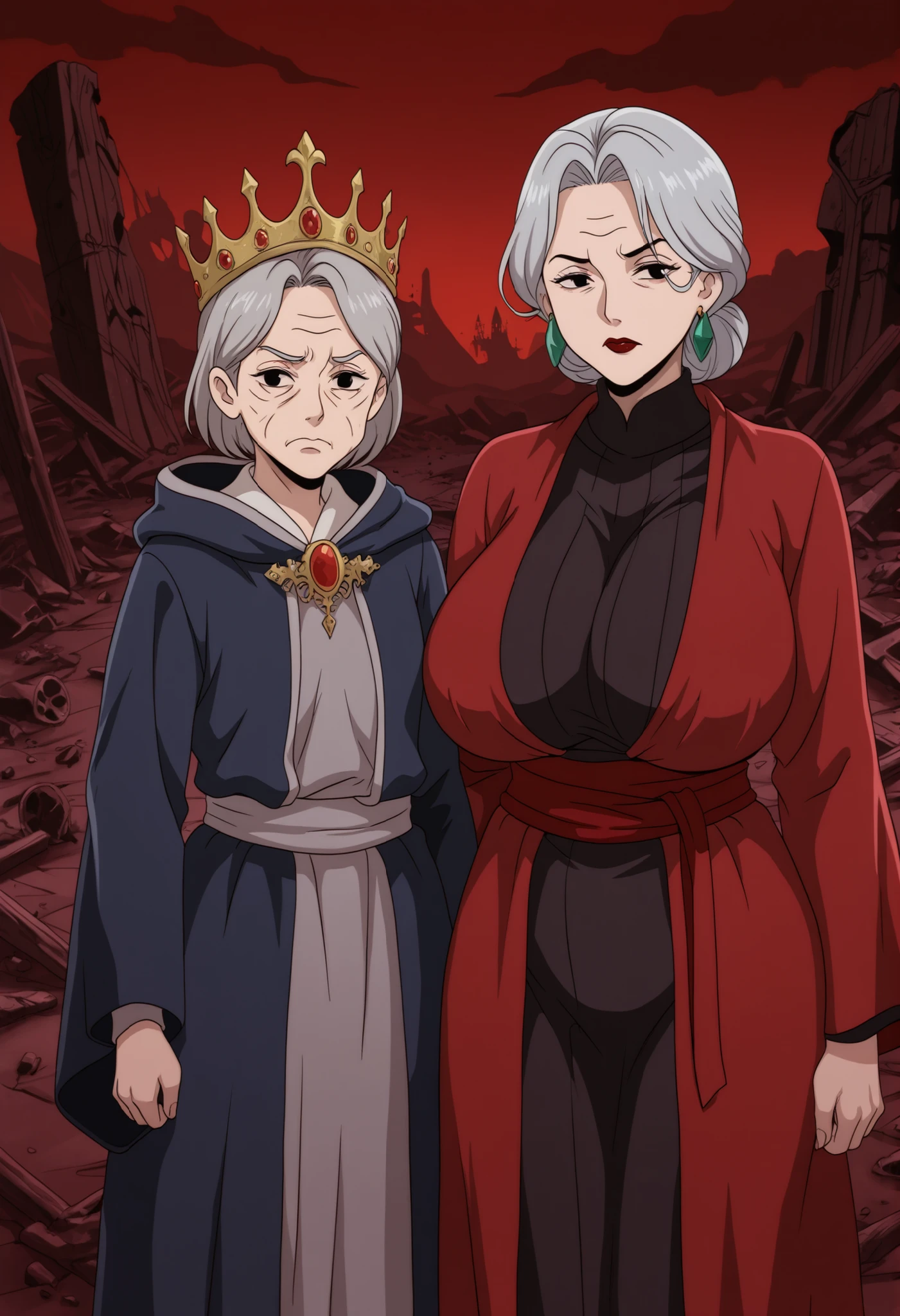 Grandma. gray hair, black eyes, short hair, dark red lips, wrinkles, earrings, makeup, huge saggy breasts, cowboy shot, frown ,looking at viewer, masterpiece, best quality, amazing quality, old woman and young guy.| ung boy. 1old woman. The eoung boy King and mature woman Queen of Hearts from "Alice in Wonderland" are depicted in a state of ruin. Their once magnificent robes are tattered and torn, and their golden crowns are dented and tarnished. They stand side by side, gazing out over a desolate post-apocalyptic landscape. The sky above is a dark, ominous red, casting an eerie light over the scene. The ruins of their former kingdom stretch out before them, the once grand castle now reduced to rubble. Despite the devastation, the young King and old Queen maintain a regal bearing, their expressions stoic and dignified. The scene is a poignant reminder of the fleeting nature of power and the inevitability of decay.