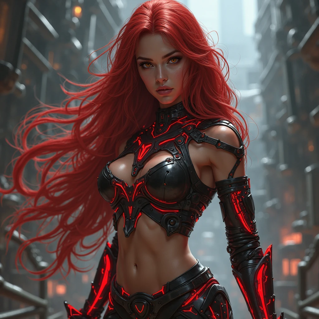 a woman with skeletal body and red hair in a red dress, cyberpunk art inspired by Aleksi Briclot, winner of the cgsociety contest, gothic art, stefan gesell, Boris Vallejo, Red biomechanical details, karol bak and peter mohrbacher, karol bak uhd, Red biomechanical, as depicted in Top Cow Comics
