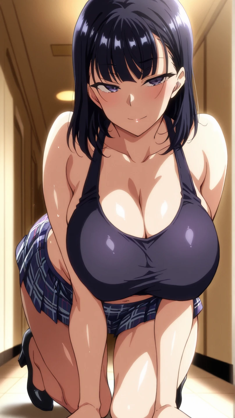 (perfect body),highest quality,(8K portrait),(anime screen cap)、(nsfw)、((((sex))))、female police officer、((surprised)),blush,Sweat,((big breasts)) 、(black hair),((bob cut))、yellow eyes,(thick thighs),((gray sports panties))、gray sports bra、grit your teeth、adult woman、locker room、hands behind head、both armpits、kneel down