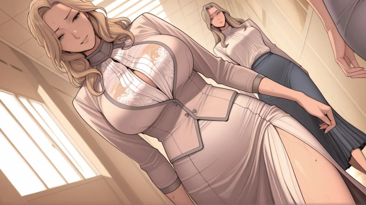 adult girl, big breasts, blonde, long hair, pink doctor's coat, in hospital, smiling