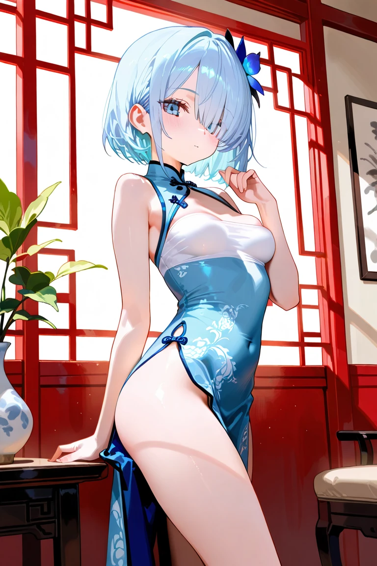 (masterpiece, best quality, detailed), 1girl, solo, looking at viewer, furina, ahoge, long hair, blue eyes, hair between eyes, white hair, streaked hair, blue hair, heterochromia,
china dress, pelvic curtain, side slit, double bun, bun cover, cleavage cutout, sleeveless, print dress, covered navel, no panties, flower shop, outdoors, storefront, potted plant, plant, shelf, flower, hanging plant, leaning forward, looking back, from behind, ass, smile, open mouth