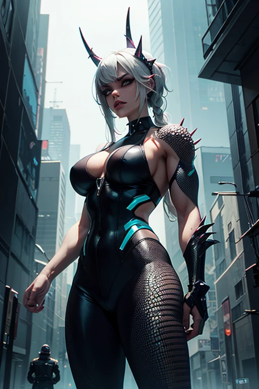 photo realistic, highly detailed cyberpunk style, standing beautiful Scandinavian woman, dreamy face expression, happy, smile, looking at camera, bright long hair, windy, slender perfect face, slim, elegant, rain, dripping make-up, oil, ink dripping, divine glow, turquoise water dripping, epic character composition, dark tones, sharp focus, evening, global illumination, masterpiece, tattoo, jewelry