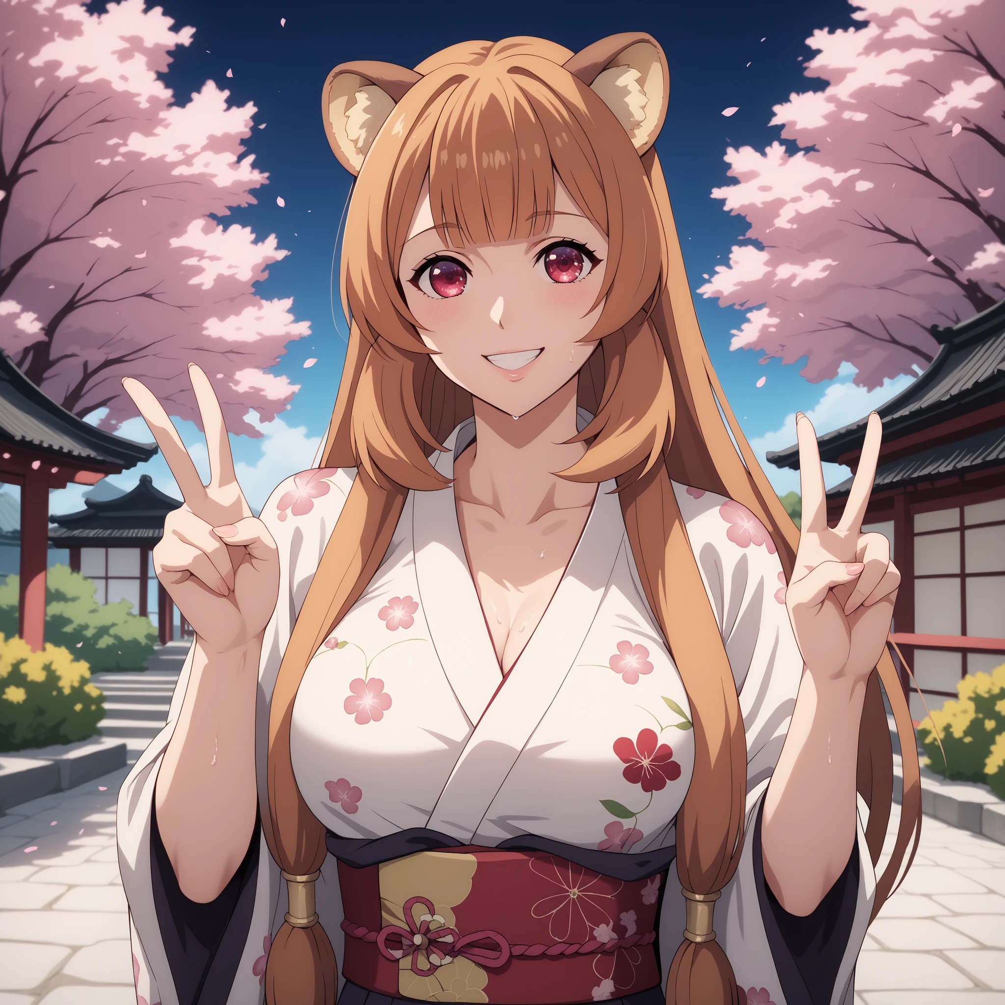 raphtalia . 25 years, orange hair , detailed red eyes, rounded animal ears, cheerful smile, curvaceous and slender figure , very large and well-proportioned breasts, an animal's tail wiggles behind her, She wears Japanese kimono / kimono in white upper and red lower, pink belt with a central flower ))), (((lovely floral kimono) , neckline , walk through a beautiful Japanese garden with cherry trees , Her skin shines with drops of sweat, giving a wet and realistic effect. illuminated. warm and soft lighting, highlighting the reflections in her skin and hair. anime style, ultra detailed, high quality art, 4k, soft shadows and vibrant light effects, V sign.