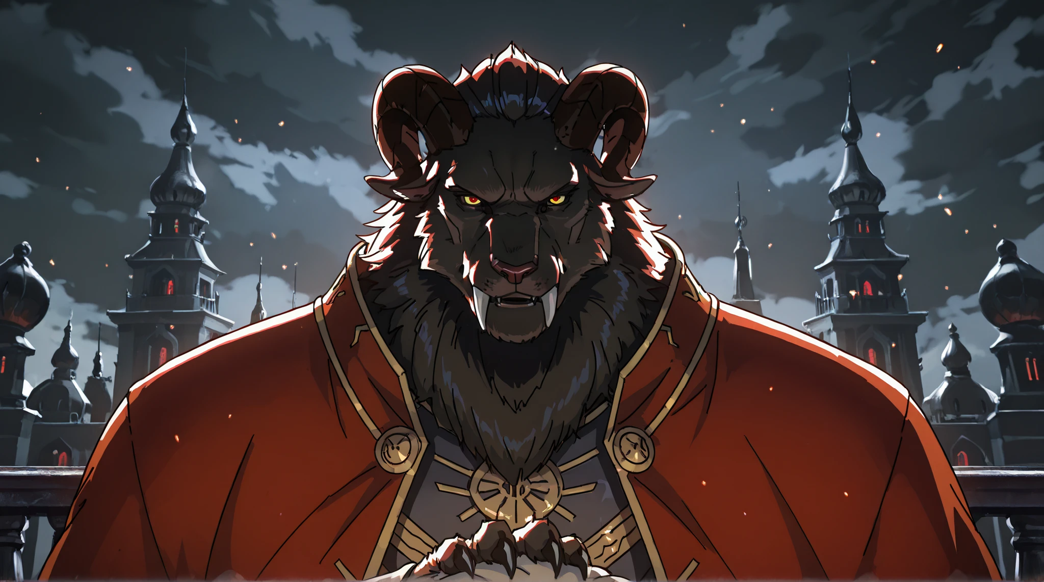 helmet on the head, cyberpunk, cyber knight, Russian king knight, Russian bogatyr, bogatyr in a red cloak, Russian warrior with a sword, solo, only leonhart, Leonhart, red pupil eyes, furry, saber-toothed, black mane, black ram horns curved backwards, stocky Leonhart, 5 toes, claws, a powerful king standing on a large balcony of a castle, giving an important speech, with his hand raised and gesturing, masterpiece, ultra-detailed, cinematic lighting, dramatic angles, epic scale, dramatic clouds in the sky, sweeping landscape in the background, regal and majestic, intricate architectural details, ornate columns and railings, rich and ornamental, dramatic shadows and highlights, deep contrast, cinematic atmosphere, a majestic king, a king standing, nobleman, protective look, patriarchal husband, strict husband, reliable, and protective look, husband's loving gaze, detailed face, physique exudes strength and power, face portrait from an anthro male beast, shot with cinematic camera, high quality photography, saber-toothed, curled horns, face close, finely detailed eyes and face, physique exudes strength and power, face portrait from an anthro male beast, detailed fur, realistic fur, animal fur, thick fur, shaggy character, animal, ,illustration, fantastical, intricate, silhouette, light particles, Leonhart, red pupil eyes, blue and yellow cloth, ultra-detailed, cinematic lighting, dramatic angles, epic scale, a majestic king, a king standing, nobleman, protective look, detailed face, physique exudes strength and power, face portrait from an anthro male beast, shot with cinematic camera, high quality photography, saber-toothed, curled horns, face close, finely detailed eyes and face, physique exudes strength and power, face portrait from an anthro male beast, detailed fur, realistic fur, animal fur, thick fur, orthodox leonhart, homophobic leonhart, traditional leonhart, strict leonhart, serious leonhart, stocky, manly, patriarchal leonhart, bearded
