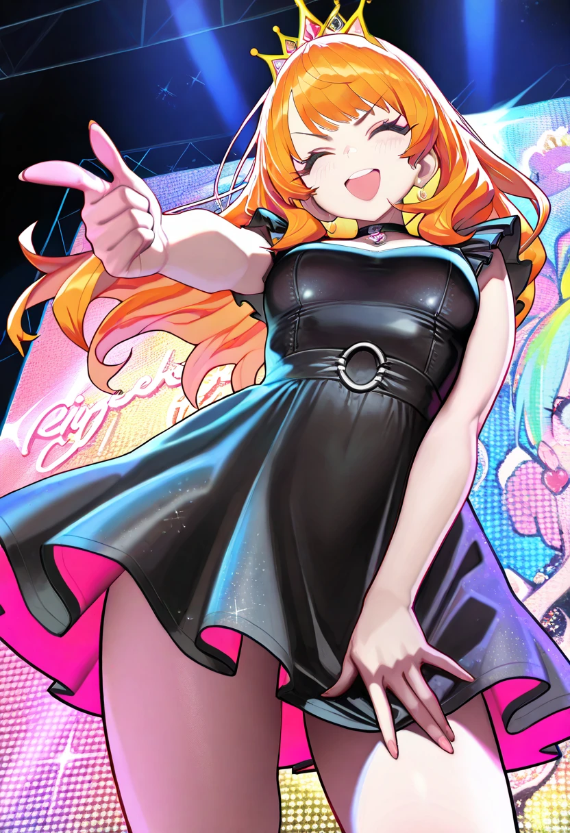 (High quality, High resolution, Fine details), Dark Background, colorful, rainbow-colored reflective dress, shiny fabric, vibrant colors, solo, curvy women, sparkling eyes, (Detailed eyes:1.2), smile, blush, Sweat, Oily skin, Standing, Waist Shot, soft lighting, shallow depth of field
