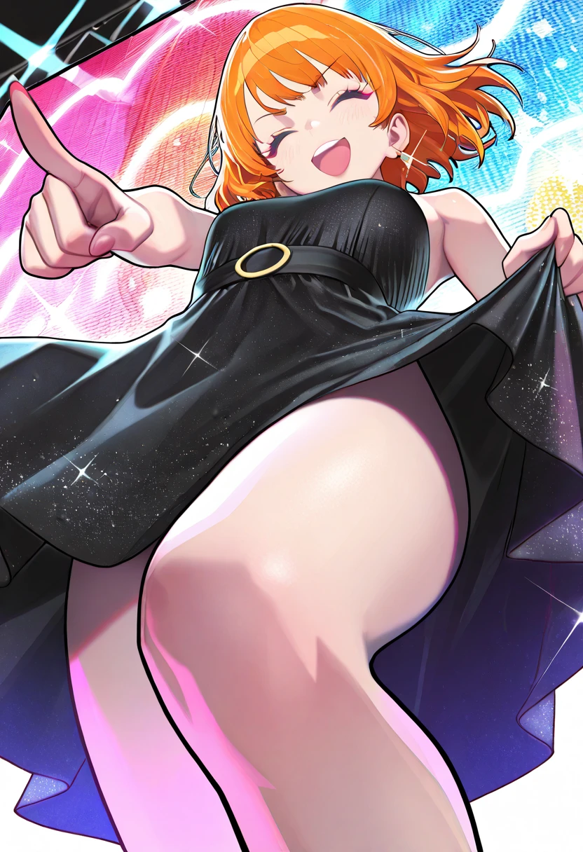 merula, yeloow high heels, red lipsstick, tonified legs, grey sequin mini skirt, full body, thighs, grey top, belly
