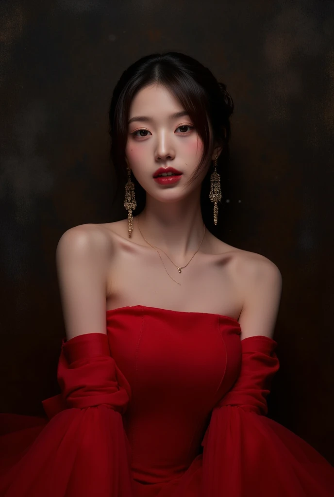 Mulher elegante, vestido vermelho, fundo escuro, pintura, foto de rosto