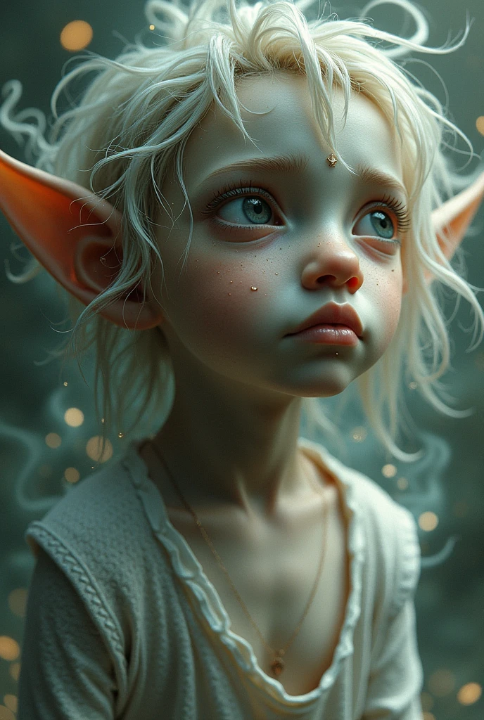Half human half fairy,  no wings, blue skinned, blondie hair,  no wings, Eyes that glow in the dark, child of about , füll naked, nice tits