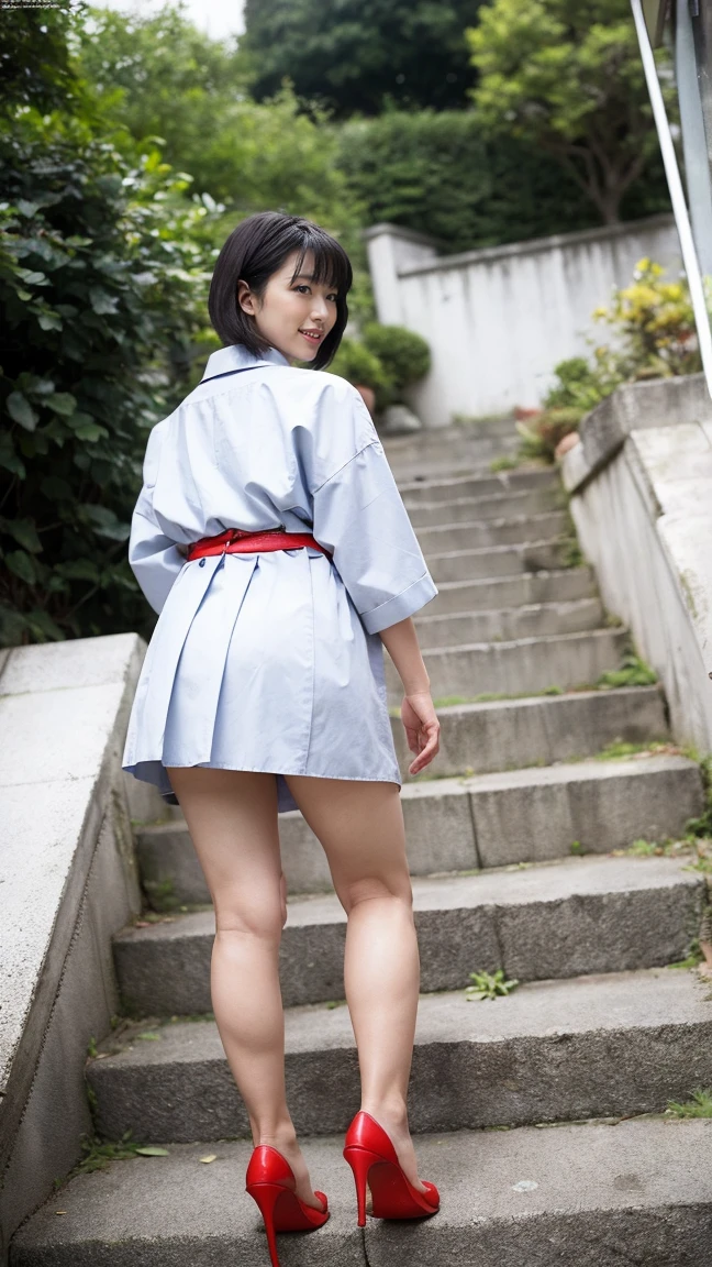 NSFW,8K,high-level image quality,A Japanese Lady,1 personality）,large breasts with drooping,A smile,tall,booty shorts,,
