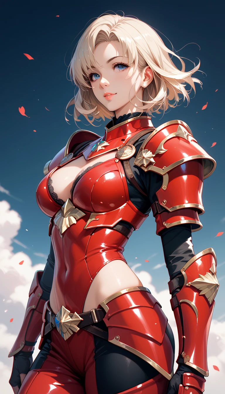 (day:1.2),(outdoors),sky (very detailed background)
standing, dynamic pose, facing viewer, cowboy shot,
cha hae-in \(solo leveling\), blonde hair, brown eyes, ((short hair)), chae
armor, shoulder armor, gauntlets, sheath, sheathed, red dress, red costume, ear piercing, epaulettes, tight dress, red uniform, ((red long pants)), white pelvic curtain,
1girl, solo, (24 years old:1.5),Beautiful Finger,Beautiful long legs,Beautiful body,Beautiful Nose, perfect eyes, perfect face,(beautiful detailed aqua eyes),((mature female:1.1)),((milf:1.1)),make up,parted lips,(shiny skin:1.1),(perfect female body:1.2),(gorgeous detailed skin),(detailed hair)
looking at viewer, ((smile)),
novel illustration,ray_tracing,intricate details,depth of field, extremely delicate and beautiful,
(Beautiful,large breasts:1.4), (beautiful_face:1.5),
