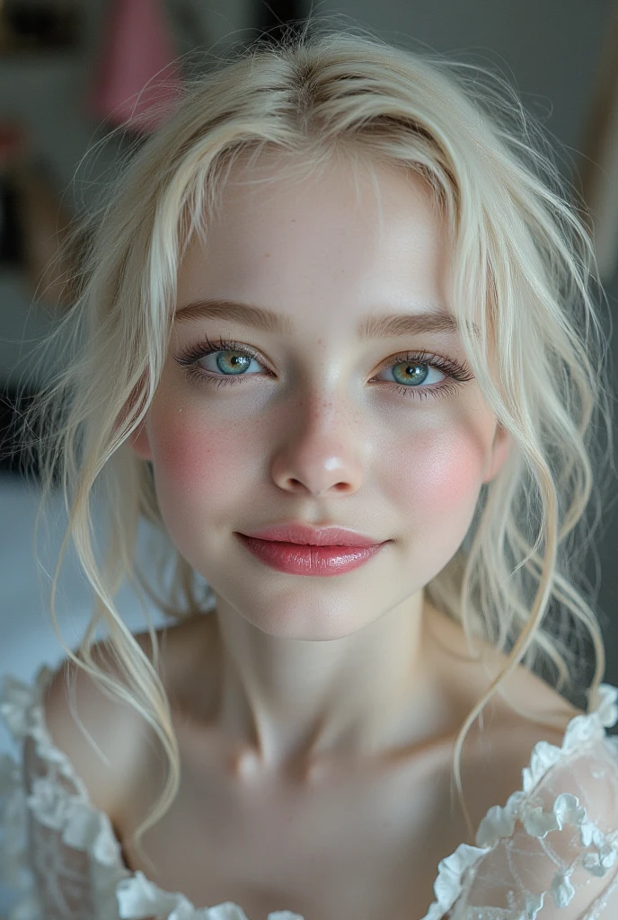 A very beautiful realistic girl, central Asian girl, 15-years-old, porcelain skin, very fair skin, very pale skin, blonde hair, wavy, freckles skin, hazel eyes, slant eyes, small nose, thick curved eyebrow, seductive gaze, happy face, unique face, detail photo, realistic photo, master piece picture, sharp picture.