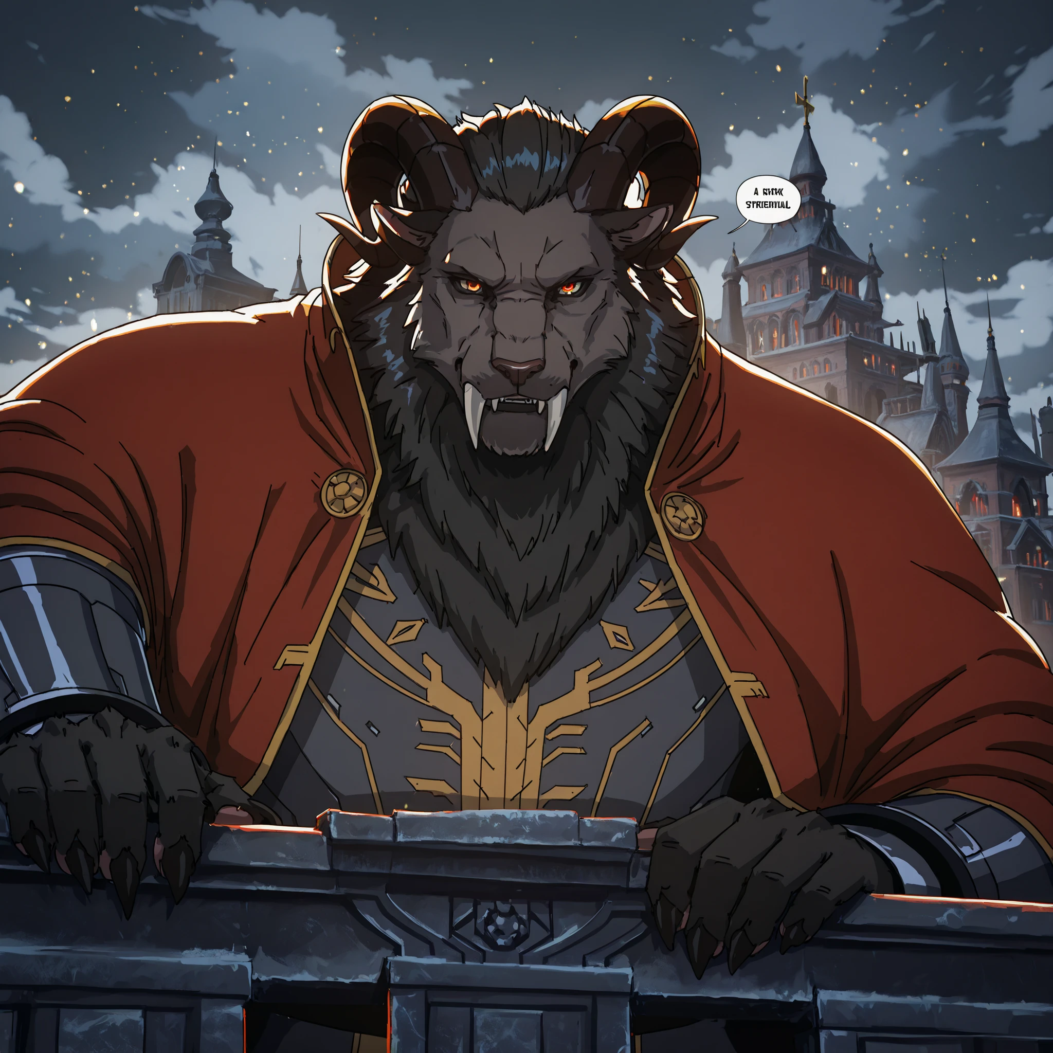 Russian city, helmet on the head, cyberpunk, cyber knight, Russian king knight, Russian bogatyr, bogatyr in a red cloak, Russian warrior with a sword, solo, only leonhart, Leonhart, red pupil eyes, furry, saber-toothed, black mane, black ram horns curved backwards, stocky Leonhart, 5 toes, claws, a powerful king standing on a large balcony of a castle, giving an important speech, with his hand raised and gesturing, masterpiece, ultra-detailed, cinematic lighting, dramatic angles, epic scale, dramatic clouds in the sky, sweeping landscape in the background, regal and majestic, intricate architectural details, ornate columns and railings, rich and ornamental, dramatic shadows and highlights, deep contrast, cinematic atmosphere, a majestic king, a king standing, nobleman, protective look, patriarchal husband, strict husband, reliable, and protective look, husband's loving gaze, detailed face, physique exudes strength and power, face portrait from an anthro male beast, shot with cinematic camera, high quality photography, saber-toothed, curled horns, face close, finely detailed eyes and face, physique exudes strength and power, face portrait from an anthro male beast, detailed fur, realistic fur, animal fur, thick fur, shaggy character, animal, ,illustration, fantastical, intricate, silhouette, light particles, Leonhart, red pupil eyes, blue and yellow cloth, ultra-detailed, cinematic lighting, dramatic angles, epic scale, a majestic king, a king standing, nobleman, protective look, detailed face, physique exudes strength and power, face portrait from an anthro male beast, shot with cinematic camera, high quality photography, saber-toothed, curled horns, face close, finely detailed eyes and face, physique exudes strength and power, face portrait from an anthro male beast, detailed fur, realistic fur, animal fur, thick fur, orthodox leonhart, homophobic leonhart, traditional leonhart, strict leonhart, serious leonhart, stocky, manly, patriarchal leonhart, bearded