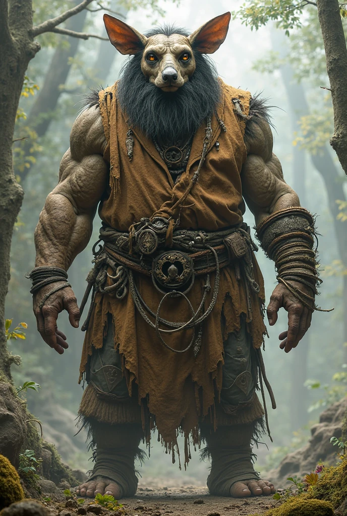 Bugbear，Flesh and blood are hideous, massive body is accompanied by human arms, paper lanterns, dentes afiados e garras, chicote longo