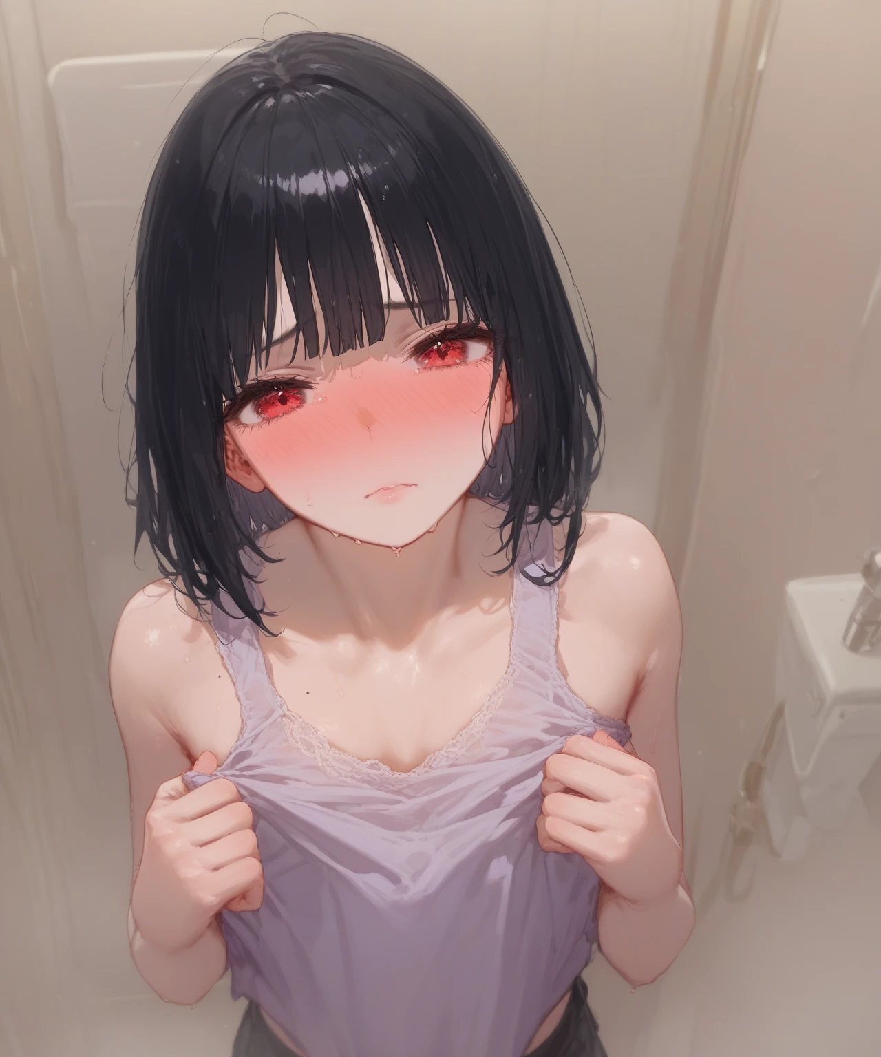 Animation,flat 2d,Fullbody,image video,Detailed face,(adult game cg,BISHOP),messy bob cut,black hair,Elementary school boy,(sunburned skin:1.5),shiny skin,oiled skin,in front of shower room,(pink camisole:1.2),tug scamisole,(embarrassed expression:1.1),,Looking at viewer,(flat chest:1.3),learning forward