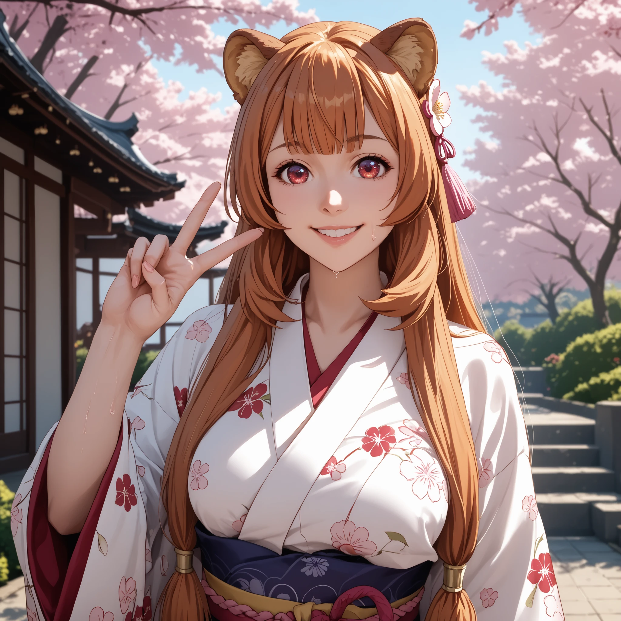 raphtalia . 25 years, orange hair , detailed red eyes, rounded animal ears, cheerful smile, curvaceous and slender figure , very large and well-proportioned breasts, an animal's tail wiggles behind her, She wears Japanese kimono / kimono in white upper and red lower, pink belt with a central flower ))), (((lovely floral kimono) , neckline , walk through a beautiful Japanese garden with cherry trees , Her skin shines with drops of sweat, giving a wet and realistic effect. illuminated. warm and soft lighting, highlighting the reflections in her skin and hair. anime style, ultra detailed, high quality art, 4k, soft shadows and vibrant light effects, V sign.