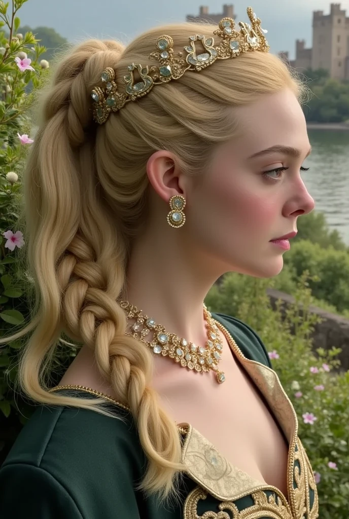 side view, Masterpiece LindsayLohan high quality, huge bust breasts, deep neckline, beautiful princess in medieval festive attire, classic vintage oil paint picture, style of rubens, epic masterpiece, babe cute exotic young round smile face, blond yellow curly shiny long grand lush hairs voluptuous hairstyle, mess many flowers on background, epic realistic, intricate details, intricate, cinematic, detailed, <lora:lindsayLohan_v10:1>