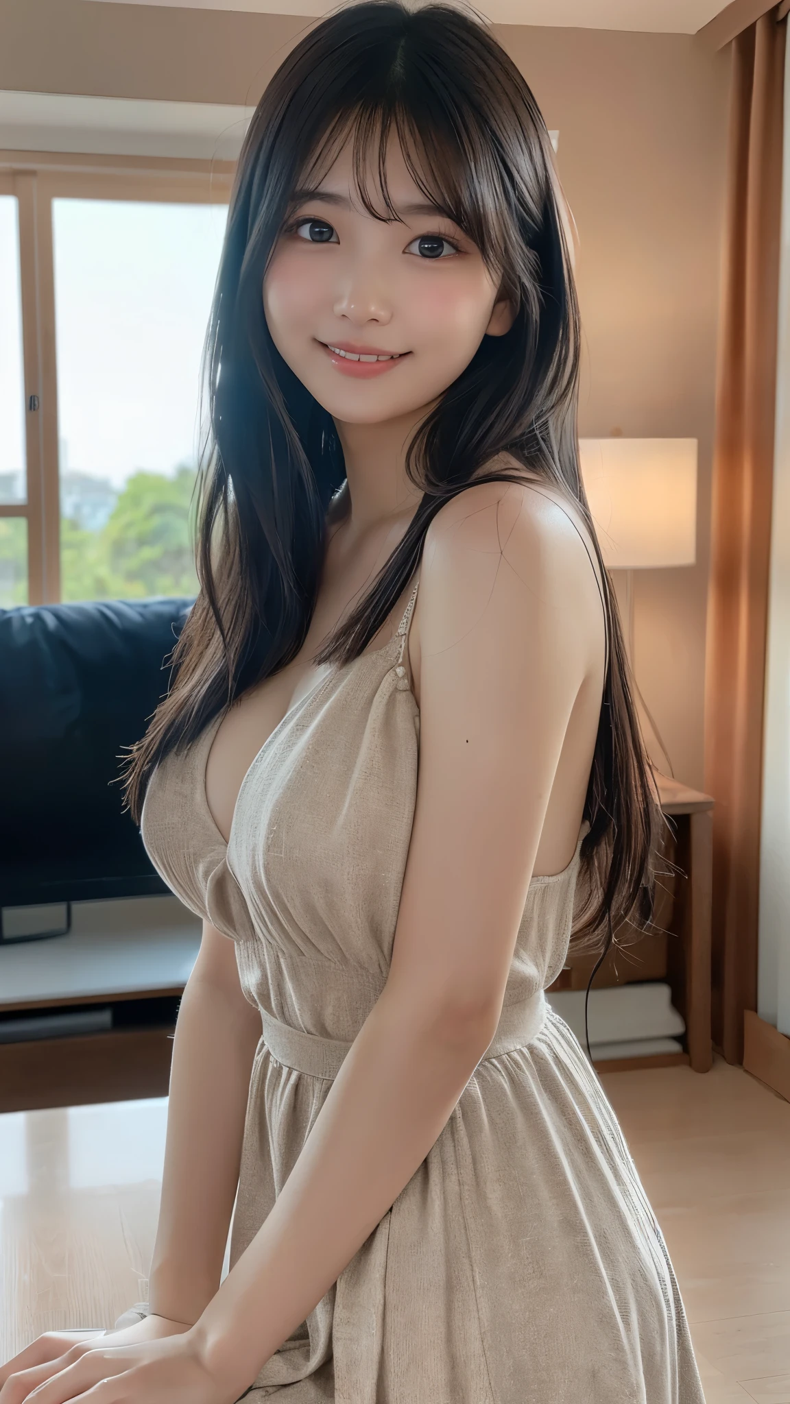 ((最高image quality、8K、masterpiece:1.3))、image quality:1.2、Beautiful woman with great style:1.4、Slim Abs:1.2、((Brown Hair、Small breasts:1.2))、(Natural soft light、Cityscape:1.1)、Highly detailed face and skin texture、Fine grain、double eyelid、break(Ultra shiny metallic coral gold high leg swimsuit:)Sexy Secretary、smile、Big Breasts、Focus on cleavage
