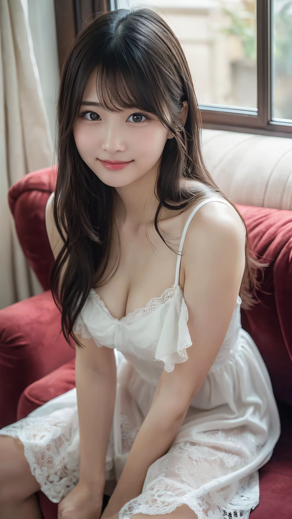 ((masterpiece: 1.3), (8k, Realistic, RAW Photos, highest quality: 1.4), (One Girl), Beautiful Face, (Realistic Face), (Brown long hair: 1.3), Beautiful Hairstyles, (bangs), (smile), smile, Realistic eyes, Gloss, highlight, highlight in the Eyes, eyelash, Beautiful details in the eyes, (Realistic Skin), (((Full Body Shot、Cleavage、one piece)))、Beautiful Skin, Transparency、(beautiful)、 bust, smile, teeth, Confused, charm, 超High resolution, Ultra-realistic, High resolution, Golden Ratio, Clear eyes, Wet, Mole, Looking into the camera, ear, Shine, Long neck, double eyelid, Big eyes, cheek, kind character, charm personality, kind, Move, 圧倒的なcharm, bright personality