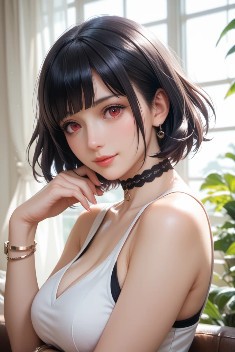 (UHD, retina, masterpiece, accurate, anatomically correct, textured skin, super detail, high details, high quality, best quality, high res, 1080P, HD, 4K, 8k, 16k), (beautiful detailed eyes, beautiful detailed lips, extremely detailed eyes and face), studio lighting, physically-based rendering, vivid colors, (large breasts, waist, thighs, glamorous body), (cutout dress, mini dress), (portrait, bob cut, shiny hair, shiny skin, blush), (bokeh), eye reflection,