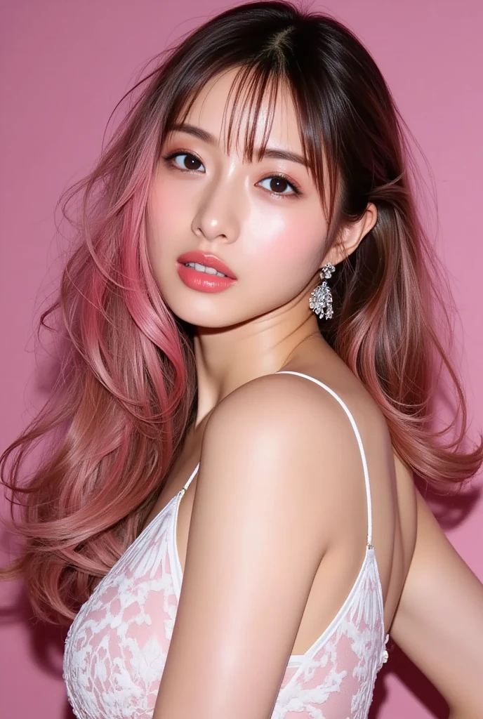 ultra realistic girl, orange and pink ombre background, closeup, lip-gloss, long lashes, lipstick, defined eyebrows, ultra detailed metallic eye-makeup, halloween, goth, gyaru, purple flowing hair, garter belt, cute lack lace underwear, sweet and sexy, seductive pose, smile