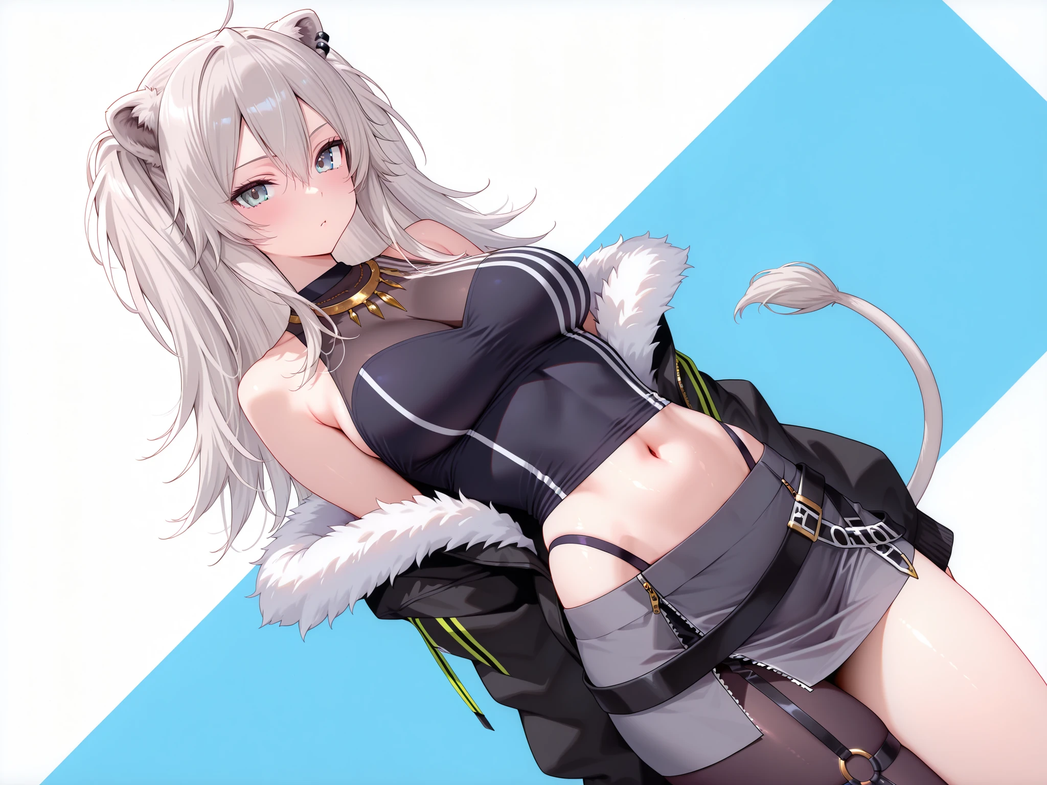 solo,masterpiece,best quality, amazing quality, highres, absurdres, very aesthetic, high resolution, ultra detailed, perfect details,botanIL, ear piercing, lion tail,botandef, long hair, navel, fur-trimmed jacket, hair between eyes, two side up, black jacket, black shirt, midriff, grey skirt, necklace, bare shoulders, miniskirt, single leg pantyhose, black pantyhose, sleeveless shirt, o-ring,