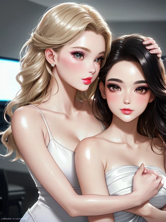 Garota, fofa, detailed and symmetrical face,Detailed and symmetrical body, cartoon stiles, cabelos curtos,fundo branco, sex, virgin