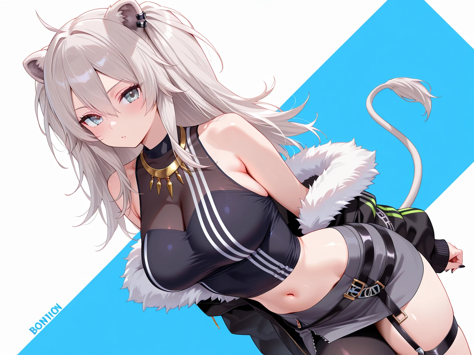 nsfw,1girl,Solo,Umamusume,Zebra_print,White_eyes,multicolored_hair,messy_hair,(White_hair),Black_hair,Short_hair,Zebra_cloak,Black_Shirt,Belt,Neck_bell,Black_Skirt,sea,bikini