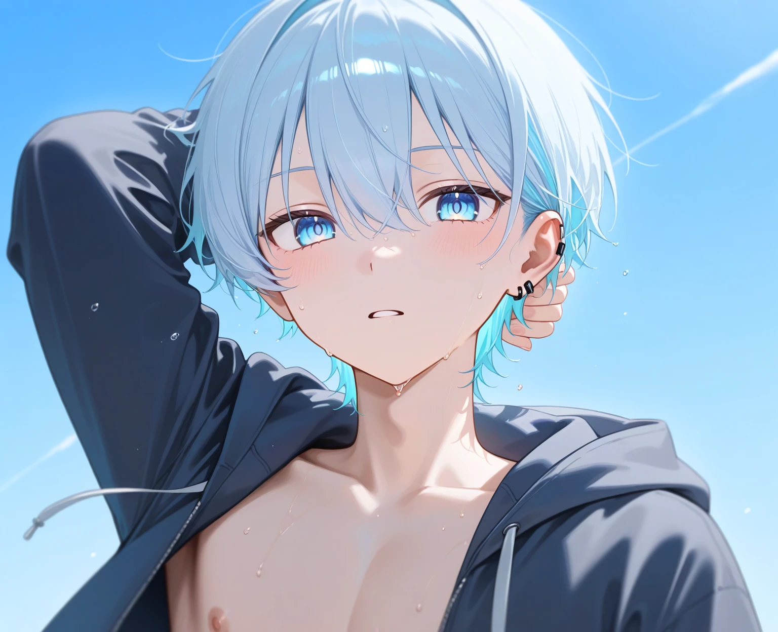 ((Best quality)), ((masterpiece)), (detailed), perfect face, Cute boy, Shy, 12 years, shirtless, in short white tight swimming trunks, lowered, White hair and blue eyes, thin, hands up. PIXIV Winner, best quality 4k 