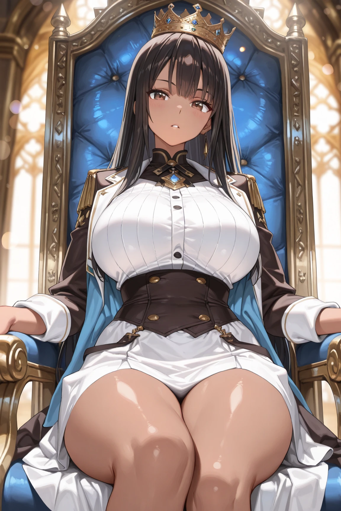 mature female, gigantic breasts, light brown hair, lips, throne