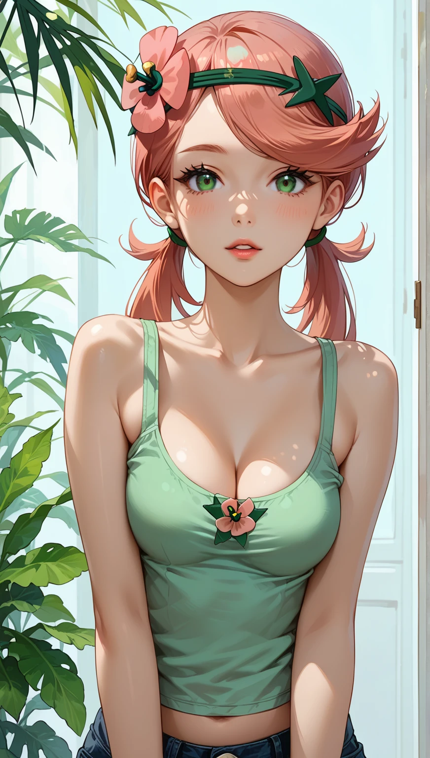 cute, franci, large fishnet, green tank top, 1girl,looking at viewer, <lora:franci_SDXL_LORA_v06:0.4>