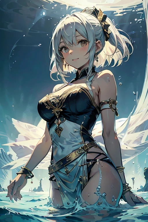 Kaine, white hair, yellow eyes, flower on hair, negligee, bandaged, gloves, thigh strap, cutout panties, 1girl, solo, upper body, smile