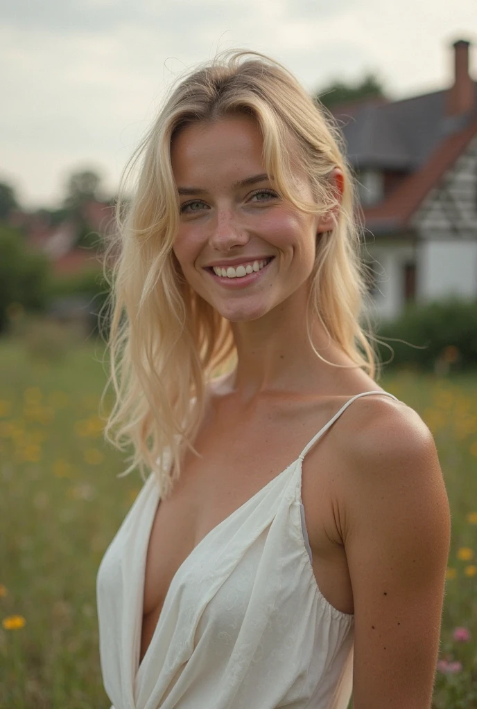a closeup  full cover body shot photo of a blonde with perfect eyes, smile, same face, same, outdoor, clear sky, cinematic light, seductive look, outside in field, hand on wheat, sunset, high quality,same face, hair color black