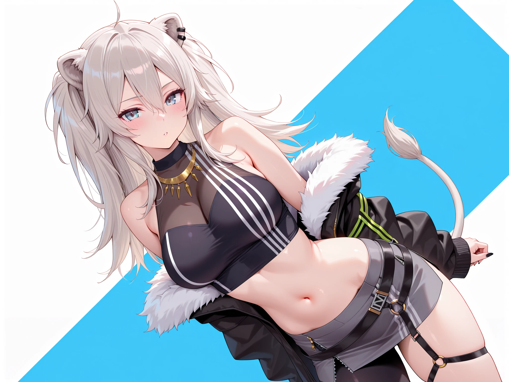 solo,masterpiece,best quality, amazing quality, highres, absurdres, very aesthetic, high resolution, ultra detailed, perfect details,botanIL, ear piercing, lion tail,botandef, long hair, navel, fur-trimmed jacket, hair between eyes, two side up, black jacket, black shirt, midriff, grey skirt, necklace, bare shoulders, miniskirt, single leg pantyhose, black pantyhose, sleeveless shirt, o-ring,mature female