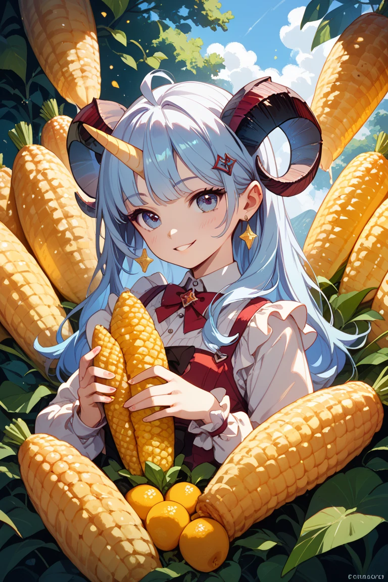 a  fairy flying over a pile of Corn, holding one Corn on her hand
