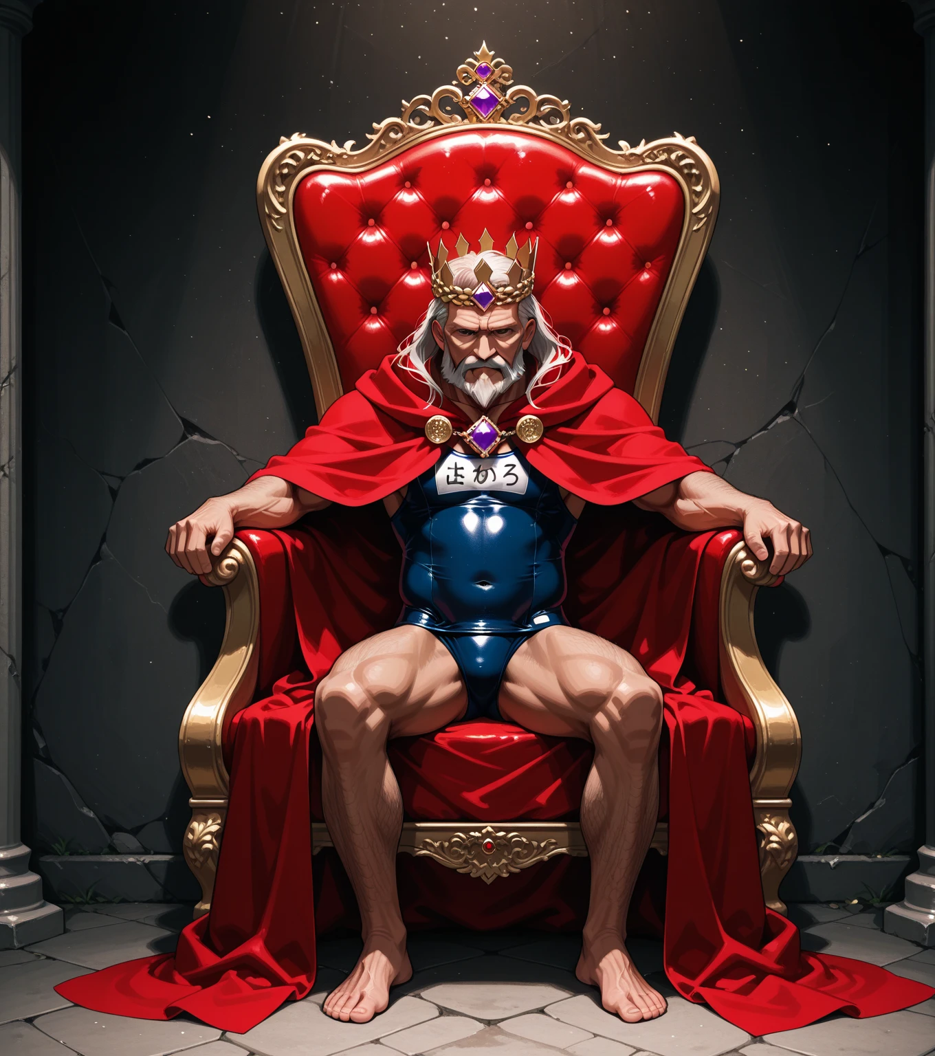full body, handsome very muscular young bodybuilded white King of Antartica, short light-brown hair, ice-blue eyes, square jaw, wearing diamond crown, white fur coat,white leather pants, dozens of diamond rings, necklaces, bracelets, earings, white sheer glittering socks, No Shoes, arrogantly sprawled on throne in his socks, looking boring, large view on throne room looking like a luxuriously decorated ice cave, behind view of Antarctic under sun, a few penguins can be seen