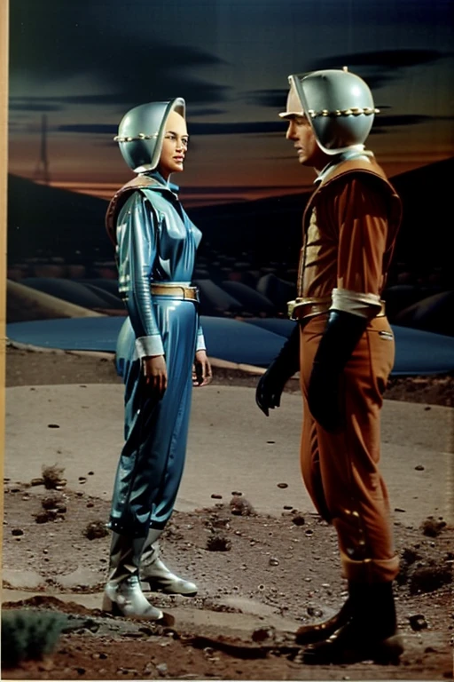 Action scene from an old science fiction TV show from the 1960s with human actors and actors dressed as aliens and robots and flying saucers, ((personagens correndo)), ((Characters in action))
