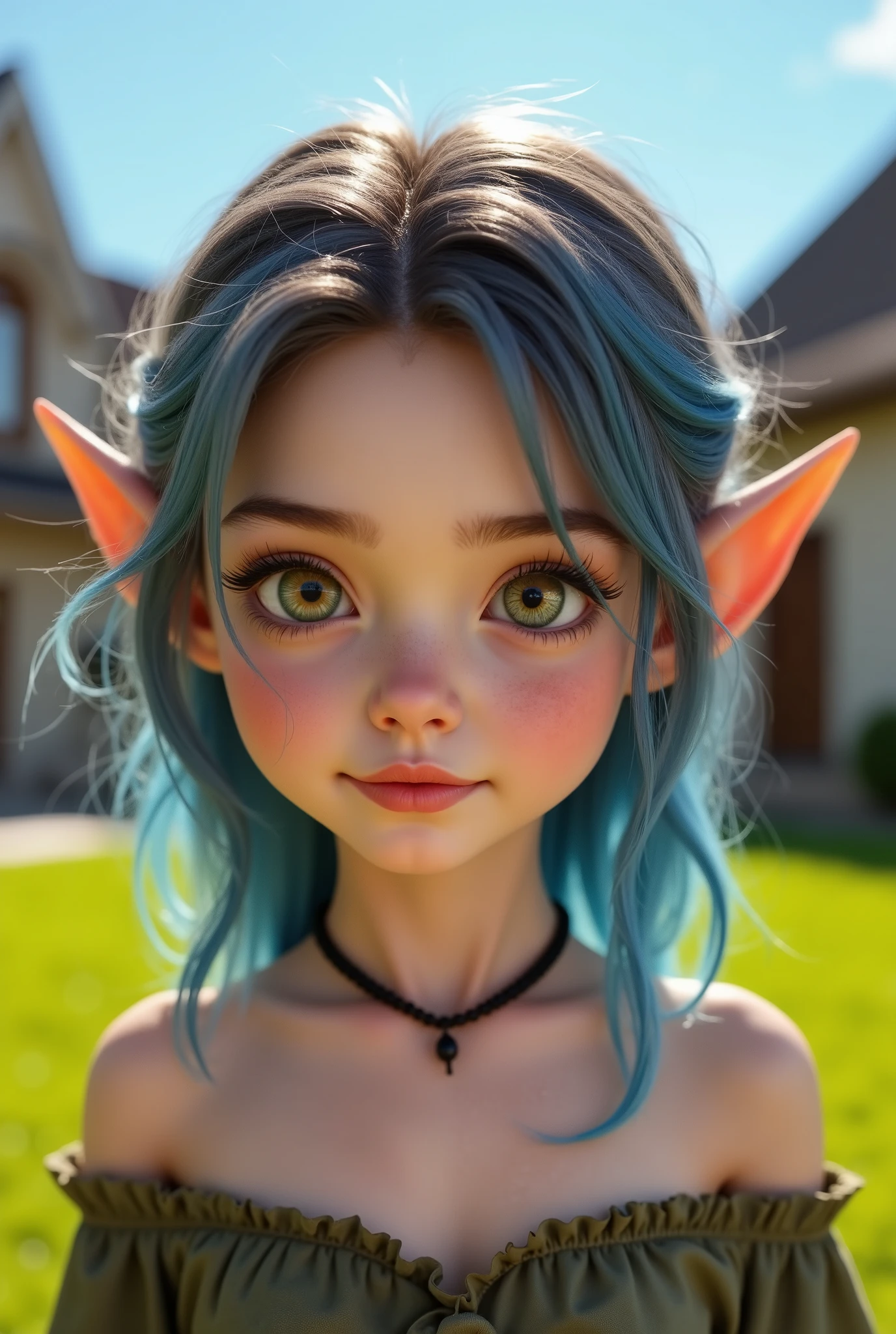 cute elf with blonde hair with blue highlights, on the lawn of the house, house in the background, lawn, blue sky and good lighting, work of art, best qualityer, 8k, extremely detaild, high quality, unreal engine.