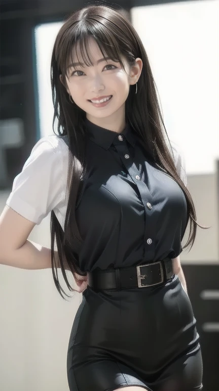 Photorealistic, masutepiece, Best Quality, Raw photo, 1girl in, Solo, Long hair, Brown hair, Detailed face, alluring face, mournful smile、From thigh up、Collared shirt, medium breasts, Dynamic Pose, Looking at Viewer, From below, Detailed background, fine detailed, intricate detailes,  Ray tracing, depth of fields, lowkey, nffsw
