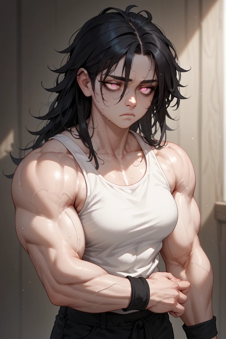score_9, score_8_up, score_7_up, source_anime, cute girl, muscular pecs, muscular biceps, feminine face, long hair, very detailed, shy, blushing, flexing biceps, hairy arms