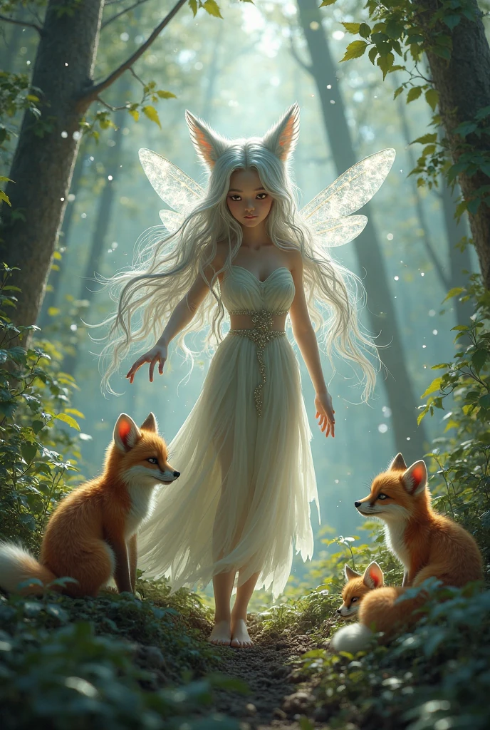A white haired woman with two male faeries one with brown eyes and the other with purple eyes a relationship with the woman in the middle