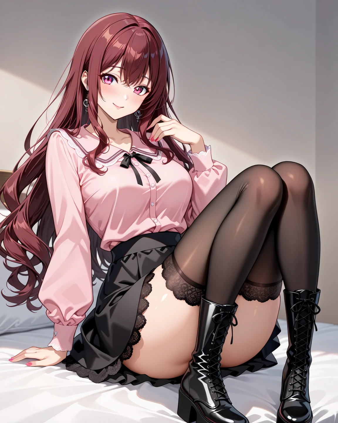 Stella Vermillion, hair between eye, Hair intact, Hair Ribbon, Long hair, (Red Eyes:1.5), Red hair, two side up Yellow Ribbon, Neck ribbon, Red hair, bow ribbon, high waist skirt, thighs highs, white blouse, looking at viewer,(masterpiece:1.2), Best Quality, High resolution, Unity 8k壁纸, (Illustration:0.8), (Beautiful detailed eyes:1.6), extra detailed face, Perfect Lighting, extremely details CG, (Perfect hands, Perfect Anatomy)、 (black panties:1.3)、(upskirt:1.3),blush、embarrassed, embarrassed, Blushing, o face, Looking at Viewer, Panties, Sexy, wide hips, (thighhighs:1.3), (dildo under clothes:1.5), large breasts, (Dutch angle: 1.2), (knees to chest:1.2), school uniform,knees together, (sitting on ground:1.5), knees up,
